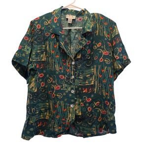 STUNT COLLECTION Silk Button Down Sleeve Abstract Print Shirt Women's Large